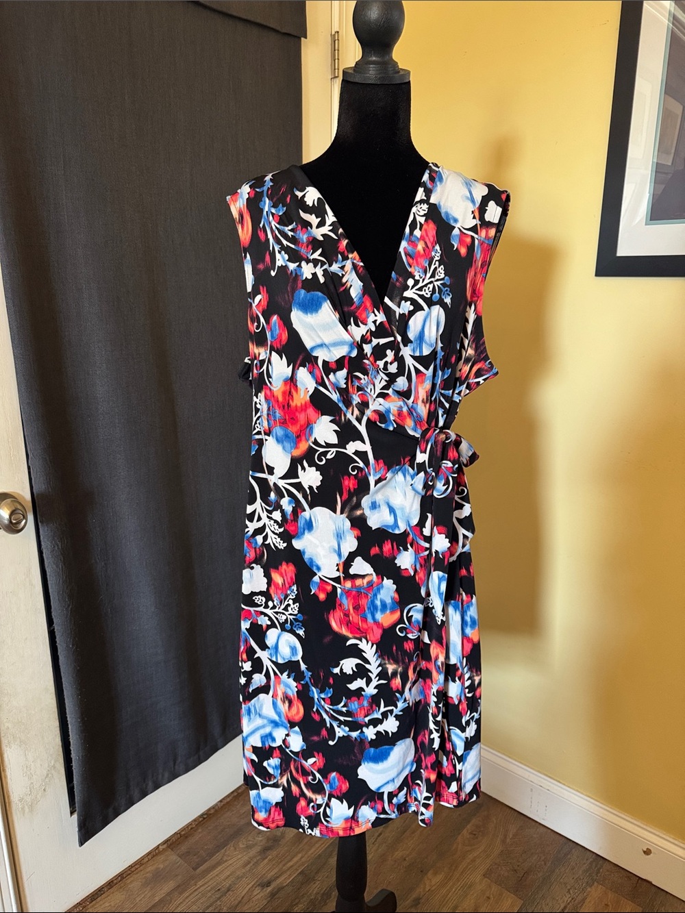 Dana Buchman Black Floral Wrap Dress with Blue & Red Accents